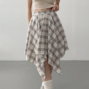 [다잇템] 여자 격자 방송댄스복 코튼 후레아 언발 고무줄 롱스커트