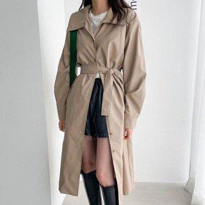 [옷자락]여자 레더 트렌치 빅카라 루즈핏 벨티드 가죽 롱코트_P319022625