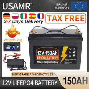USAMR LiFePO4 배터리 팩, RV 태양열 충전식 셀, 1920Wh 내장 BMS 등급 A 6000 + 사이클, IP65, 12V, 150Ah
