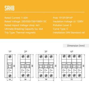 SAHB 2P 태양광 DC 12V 24V 550V PV MCB 배터리 자동차 보호대 미니 회로 차단기 짧은 과부하 20A 63A