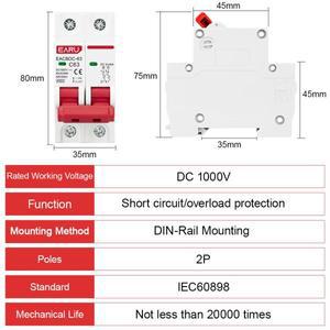 2P DC 1000V MCB 태양광 미니 회로 차단기 과부하 보호 스위치 6A 10A 20A 25A 32A 40A 50A 광전지 PV