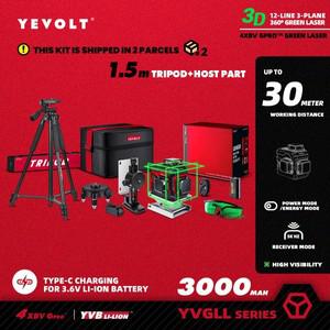 YEVOLT YVGLL4XS12 시리즈 녹색 레이저 레벨 3면 12라인 셀프 360 3D 수평 및 수직 전력 측정 도구