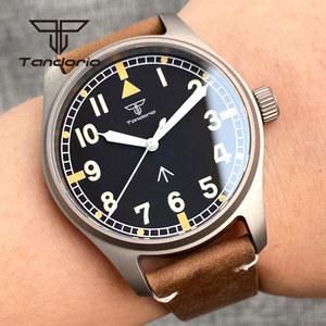 TANDORIO 티타늄 35A 39MM 20BAR 남성용 자동 파일럿 다이브 시계 이어 크리스탈 스크류 가죽 스트랩 그린 루미 너스
