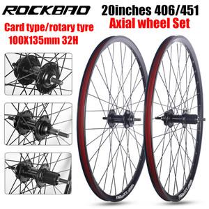 휠셋 ROCKBAO 자전거 휠셋 406/451 디스크 브레이크 더블 알루미늄 합금 림 2 베어링 100x135mm 축 자전거 휠 세트 20 인치