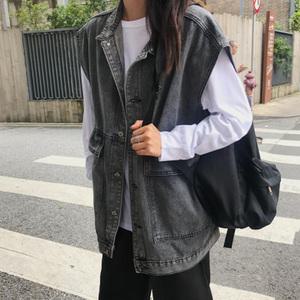 여성 오버핏 청조끼 여행 블랙 데님 레이어드 베스트