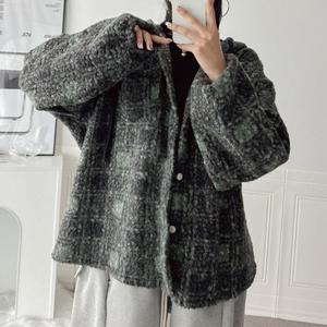 [다잇템] 여자 양털 울 격자 셔켓 박시핏 벌룬 덤블 후디 셔츠
