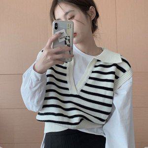 [옷자락]여자 데일리 모던 단가라 넥카라 v넥 크롭 니트 조끼_P345871122