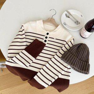 [옷자락]여자 가을 단가라 스트라이프 카라 배색 니트_P349941272