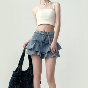 [ 속바지내장/러블리 ] 2단 프릴 연청 미니스커트 데님 A라인 청치마