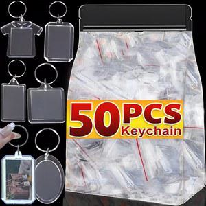 5/100pcs 투명 사각형 빈 아크릴 삽입 키 체인 사진 그림 프레임 열쇠 고리 홀더 DIY 분할 링 키 체인 선물
