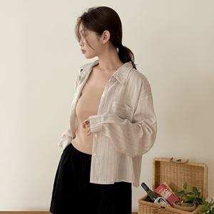 [살안타템] 휴가필수로 꼭 챙겨 스트라이프 린넨 루즈핏 셔츠 82415 빅사이즈 여성의류