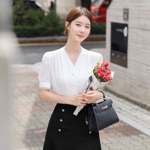 [시크라인] 자웨 오간자 트리밍 퍼프 슬리브 블라우스 여름 반팔 쉬폰 면적룩 하객룩 오피스룩 격식룩 출근룩 데이트룩