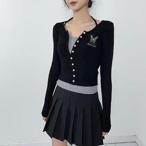 [JHORS88U_51]나비 자수 봄아우터 넥 홀터 골지 긴팔티셔츠
