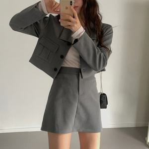 [다잇템] 여자 나들이 건빵 회색자켓 셋업 미니스커트 세트