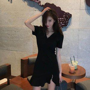 [옷자락]여자 블랙 언발란스 트임 반팔 플레어 미니 원피스_P344175529