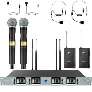 4x100 UHF 조절 주파수가 있는 무선 마이크 시스템 4 채널, 메탈 핸드헬드 헤드셋 라발리에 라펠 마이크, 자동 스캔 기능 제공, 교회 노래방 노래 (BS-883-2B2H)