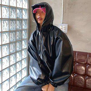 [옷자락]여자 가죽재킷 벌룬 캥거루 후드집업 박시 힙한 자켓