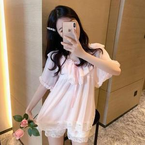 쉬폰 샤랄라 파자마 프릴 홈웨어 패드내장 리본 핑크 잠옷세트 살랑살랑 공주풍 레이