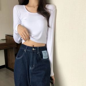 여자 크롭 라운드넥 무지 슬림핏 U넥 티셔츠 OCW-TSA-SWFGRBV2