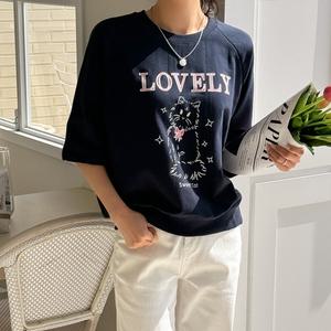 [데일리앤] 퍼블리 여성 나그랑 고양이 프린트 쭈리 코튼 5부 반팔 맨투맨 티셔츠