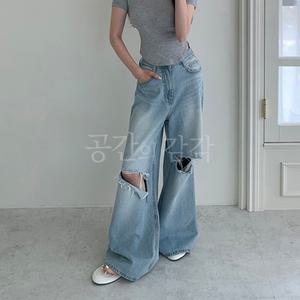 양쪽 찢청 와이드 데님 팬츠 루즈핏 청바지 연청 스타일리쉬 하체커버 통넓은