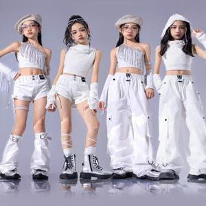 화이트 초등 방송댄스복 태슬 실버 공연복 아동 걸스힙합 의상 치어리더 재즈