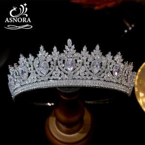 ASNORA 럭셔리 CZ 왕관 빈티지 크리스탈 Diadem 선발 대회 파티 러브 크라운 여성용 신부 웨딩 헤어 액세서리 쥬얼리