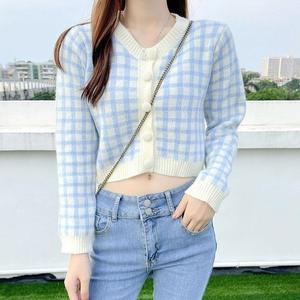 [OFM6L1P6]체크 패턴 도톰 크롭 가디건 20대 여친룩