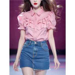 핑크프릴셔츠 여름 귀여운 퍼프소매블라우스 카라 반팔 블랙 퍼프 루즈핏 봄 시어서커