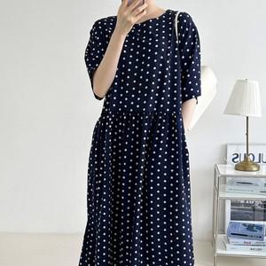 여자 SS 후레아 도트 땡땡이 반소매 패턴 프리 롱원피스