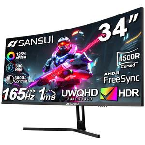 SANSUI 34인치 커브드 게이밍 모니터 UWQHD 3440 x 1440 165Hz 커브드 1500R - PIP /PBP, 1ms(MPRT), HDR, 300니트, sRGB 125%, DCI-P3 95%, FreeSync, HDMI2.1(TMDS) x2,DP1.4 x2(ES-G34C5 DP 케이블 포함)