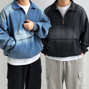 리얼타임 오버핏 청 아노락/ 남자 데님 반집업 흑청 연청 트러커 야상 자켓 스트링 하프집업 봄 가을 [2color]