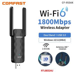 와이파이 원격 제어 6 USB 어댑터 무선 동글 1800Mbps 2 x 2dBi 안테나 네트워크 카드 5G 2.4GHz AX 데스