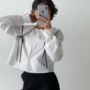 리본블라우스 배색 슬림핏 크롭 면남방 긴팔셔츠