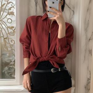 여자 루즈핏 얇은 언발 무지 긴팔 힙커버 셔츠