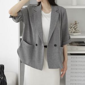 [다잇템] 여자 박스 오버랩 롤업반팔 여름하객룩 주머니 자켓
