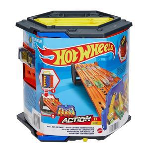 Hot Wheels 트랙 빌더 액션, 롤 아웃 레이스웨이, 5개의 레인 경마장 및 장난감 보관 버킷이 있는 세트, 자