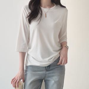 [데일리앤] 러드 셔링 레이온 스판 라운드 무지 여성 7부 티셔츠 봄 여름 가을