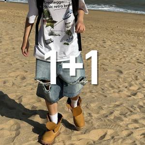1+1 남녀공용 여름 쿨 찢청 찢어진청바지 반바지 버뮤다팬츠 1컬러