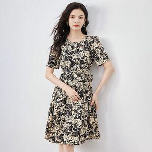 여성 예쁜 쉬폰 원피스 여름 라운드넥 플라워 프린트 A라인 미니 드레스 플레어 스커트 스포M2