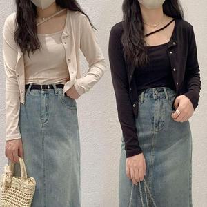여성 라운드 롱가디건 크롭 짧은 투피스 가디건 나시 루즈핏 스타일 브이넥 니트 기장