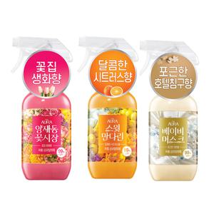 아우라 퍼퓸 섬유탈취제 꽃집 생화향 양재동꽃시장 490ml+포근한 호텔침구향 베이비머스크 490ML+ 상큼한 시트러스향 스윗만다린 490ML 각 1개 (총 3개)