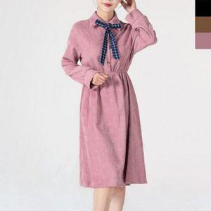 여성롱원피스 리본 밴딩 봄원피스 봄 체크 허리 긴팔 1P 가