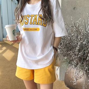 여성 머스타드 라운드 반팔 티셔츠 밴딩 반바지 츄리닝 세트 트레이닝 휴가룩 투피스 셋업 -WPST0104- 여름