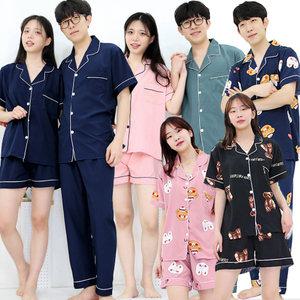 여름 단색 커플잠옷 카라 반팔 상하세트 커플룩 여성 남성 캐릭터 파자마 홈웨어 이지웨어 