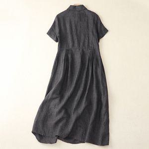 여성 썸머 여름 롱 원피스 빈티지 블랙 셔츠 칼라 반팔 면마 스포M2
