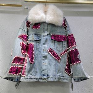 여성용 다이아몬드 비즈 스팽글 데님 재킷, 모직 벨벳 라이너, 인조 모피 칼라, 진주 진 코트, 플리스 파카, 가디건 상의, 겨울