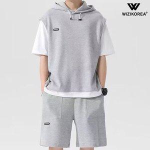 [위즈아이]남성 여름 남성 와플 반팔 레이어드 후드 트레이닝세트 WI109SET