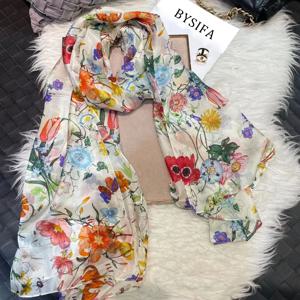 White100% 실크 스카프 여성 스카프 Bufandas 여름 해변 Shawls Foulard 가을 겨울 브랜드 꽃 디자인 긴 목 스카프 Hijabs