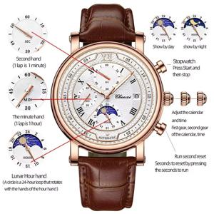 Chenxi 976 가죽 크로노 그래프 날짜 남성용 달의 위상 타이밍 비즈니스 빛나는 쿼츠 시계 Relojes para hombres